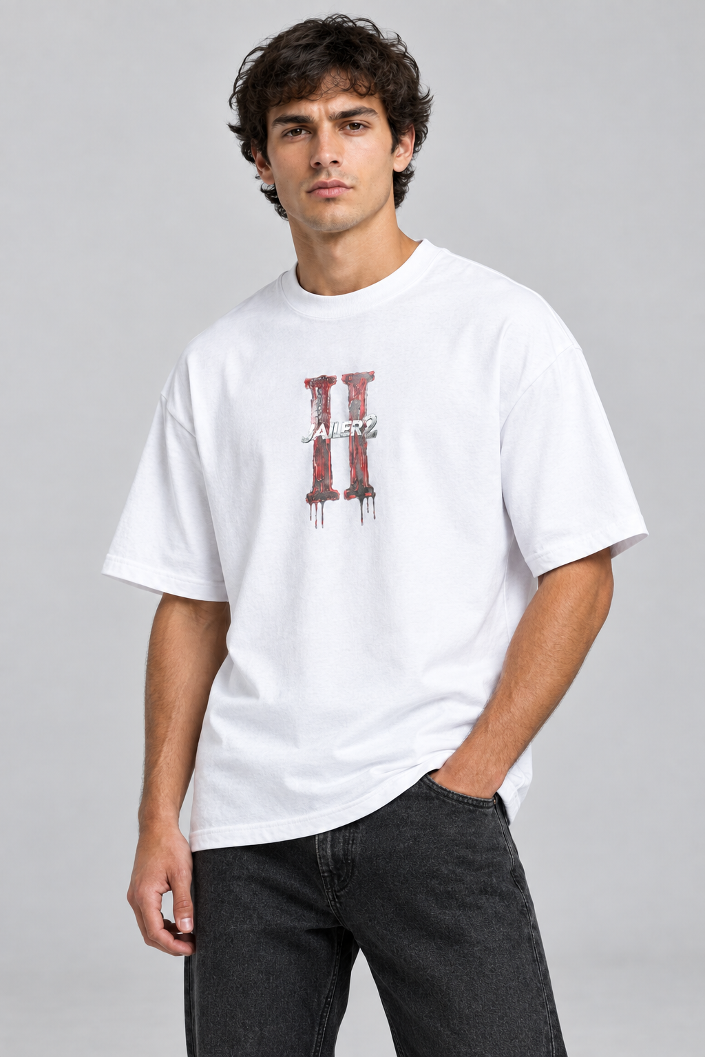 Front three-quarter studio pose with the same model and white T-shirt