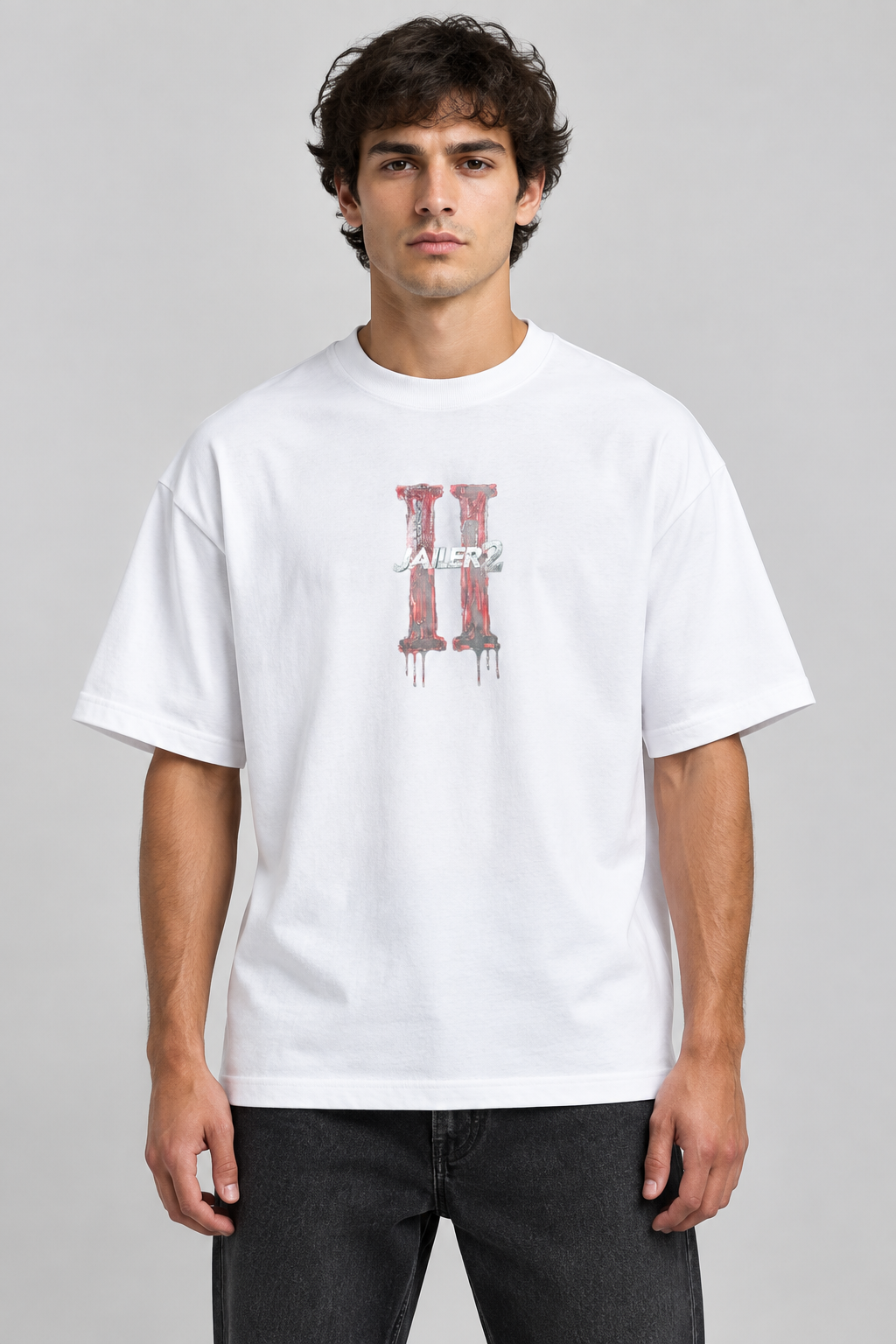 Model wearing a white T-shirt with your front design