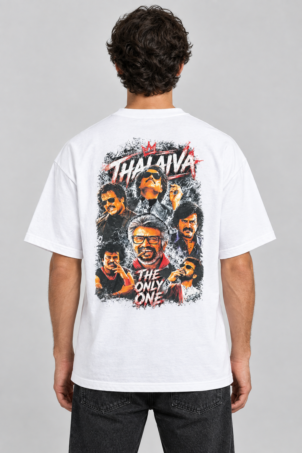 Same model wearing a white T-shirt with your attached back design
